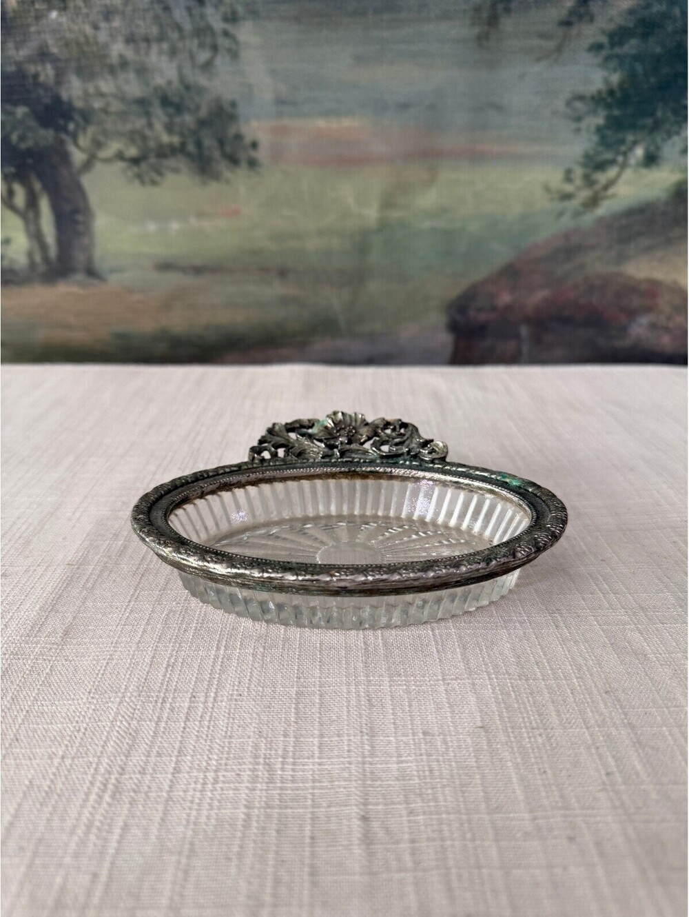 Oval Glass Dish with Ornate Metal Handle